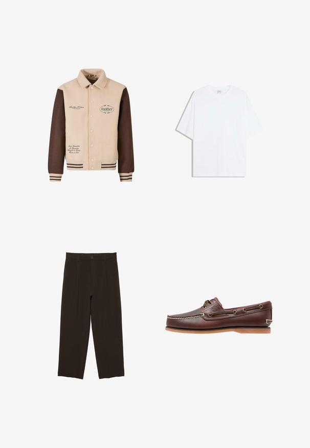 Beige og brun jakke med knapfront, krave, broderet tekst og stribede manchetter. Fremstillet af blødt stof, med dekorative lapper.; Hvid oversized bomulds t-shirt med rund hals og korte ærmer; glat tekstur, uden synlige mønstre eller accenter.; Mørkebrune, skræddersyede bukser med forreste læg, bæltestropper, knaplukning og lige, beskårne ben.; Brun læder bådsko med hvide sømme, snøre detaljer og lysbrun gummisål, vist fra siden på hvid baggrund.