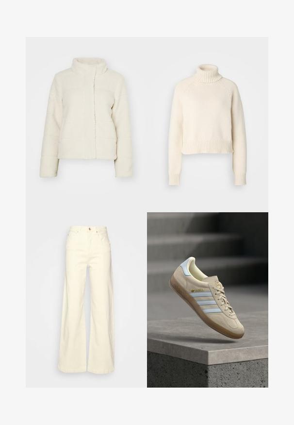 Veste en polaire couleur crème avec un col montant, un design matelassé et des manches longues. Texture douce et longueur courte. Ouverture avant sans fermeture.; Pull à col roulé couleur crème, design court, col et ourlet côtelés, tissu tricoté texturé, manches longues avec poignets ajustés.; Pantalons à jambes larges de couleur crème claire, fabriqués en coton, dotés d'une taille haute, de cinq poches, d'un zip à boutons et de détails de couture minimalistes.; Baskets en daim beige avec des rayures bleu clair, dotées d'une semelle en gomme, du logo doré "Gazelle" et d'un design classique à lacets, posées sur une surface grise.