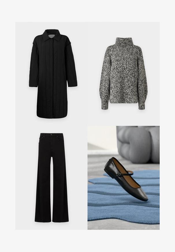 CLOSED QUILTED COAT - Zimný kabát - black; Čierno-biela pletená sveter s vysokým golierom, žebrovanými manžetami a textúrovaným vzorom. Obsahuje dva gombíky na golieri.; Čierne džínsy s širokými nohavicami, vysokým pásom, prednými vreckami a jednoduchým zapínaním na kovový gombík.; Čierna kožená topánka Mary Jane s remienkom na pracku, umiestnená na textúrovanej modrej koberci, na pozadí rozmazaná sivá čalúnená pohovka.
