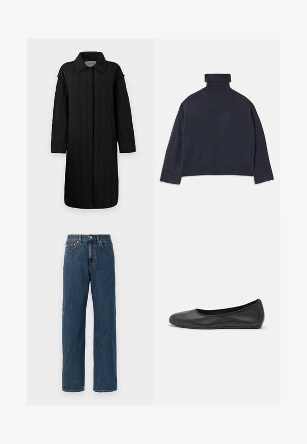 CLOSED QUILTED COAT - Wintermantel - black; Marineblauer Rollkragenpullover mit geripptem Kragen und detaillierter Textur. Lockere Passform, lange Ärmel und dezente vertikale Muster.; Dunkelblaue Jeans aus Denim mit geradem Schnitt. Verfügt über fünf Taschen, dezente Steppdetails und einen Knopfverschluss am Hüftbund.; Schwarze Leder-Ballettschuhe mit abgerundeter Spitze, glatter Textur, minimalen Nähdetails und einem flexiblen Sohlen-Design.
