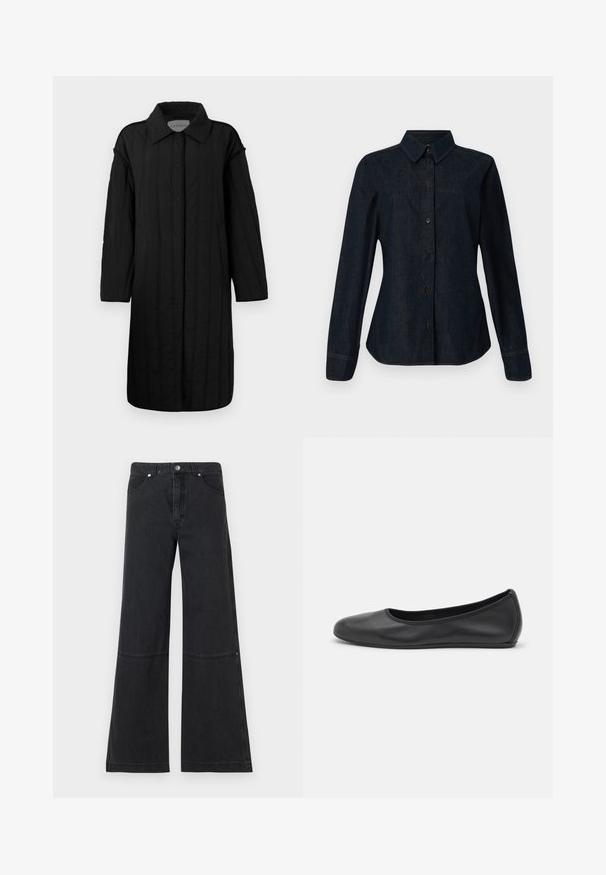 CLOSED QUILTED COAT - Abrigo de invierno - black; CLOSED SEAMING SHIRT - Blusa - dark blue; Jeans anchos negros de mezclilla, con una alta cintura, bolsillos delanteros y un sutil detalle de costura en la rodilla. Cierre de botón metálico.; Bailarina de piel negra con punta redondeada, textura suave, detalle de costura minimalista y diseño de suela flexible.