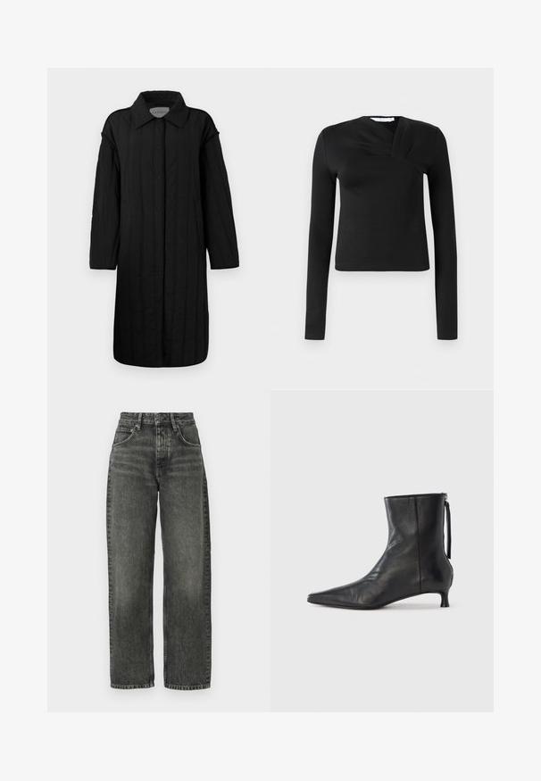 CLOSED QUILTED COAT - Vinterfrakke - black; Sort langærmet top med en omslagsdesign, lavet af glat stof. Har en cropped længde og en V-formet udskæring. Ingen mønstre eller accenter.; Won Hundred ALEXANDRA - Jeans Relaxed Fit - tinted black; Sort læderankelstøvle med spids tå, struktureret form og lav hæl. Har en sidesyning og minimalistisk design.