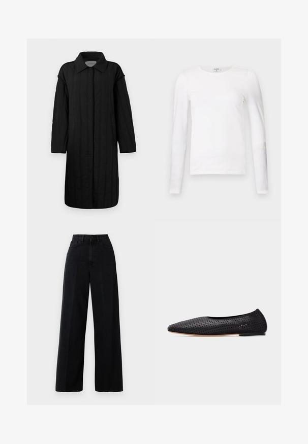 CLOSED QUILTED COAT - Wintermantel - black; Weißes Langarm-T-Shirt aus weicher Baumwolle, mit rundem Halsausschnitt und schmalem Schnitt, sauberen Nähten und ohne sichtbare Muster.; Schwarze, weit geschnittene Jeans aus Denim, mit hoher Taille, Fronttaschen und einer Knopfschließe. Der Stoff hat eine glatte Textur.; Schwarzer perforierter Leder-Ballerina mit spitzer Zehenpartie und niedrigem Absatz, seitlich auf weißem Hintergrund dargestellt.