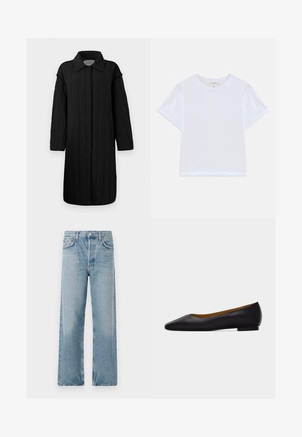 CLOSED QUILTED COAT - Wintermantel - black; Witte cropped t-shirt van zacht katoen, met een ronde hals en korte mouwen in een iets ontspannen pasvorm. Geen patronen of accenten.; Lichtblauwe denim jeans met een hoge taille, wijde pijpen en een vijf-pocket ontwerp. Kenmerkt een knoopsluiting en subtiele vervaging.; Zwarte leren puntschoen met lage hak en gladde afwerking, zijaanzicht op een lichtgrijze achtergrond.
