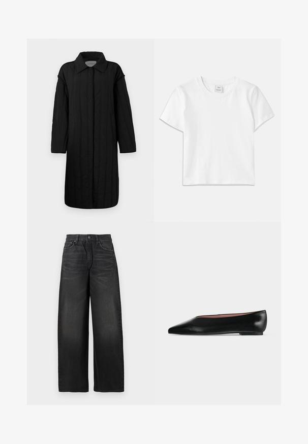 CLOSED QUILTED COAT - Wintermantel - black; Weißes Baumwoll-T-Shirt mit Rundhalsausschnitt, kurzen Ärmeln und geradem Saum. Etikett mit der Aufschrift "Won Hundred" an der Mitte des Ausschnitts.; Schwarze, hochgeschnittene, weit geschnittene Jeans mit subtiler Verwaschung und einem kleinen, beschädigten Patch am oberen rechten Oberschenkel.; Schwarzer flacher Damenleder-Schuh mit spitzer Kappe und niedrigem Absatz, von der Seite auf einfarbigem hellgrauem Hintergrund gezeigt.