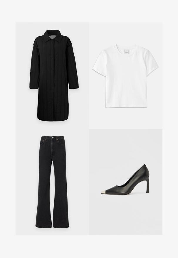 CLOSED QUILTED COAT - Wintermantel - black; Weißes Baumwoll-T-Shirt mit Rundhalsausschnitt, kurzen Ärmeln und geradem Saum. Etikett mit der Aufschrift "Won Hundred" an der Mitte des Ausschnitts.; Schwarze, ausgestellte Jeans mit hoher Taille aus Denim. Verfügt über fünf Taschen und orangefarbene Steppnähte. Glatte Textur mit klassischem Schnitt.; Schwarzer Lederschuh mit hohem Absatz, spitz zulaufender Zehenpartie und metallischer silberner Spitze. Verfügt über eine glatte Oberfläche und einen schlanken 10 cm hohen Absatz.