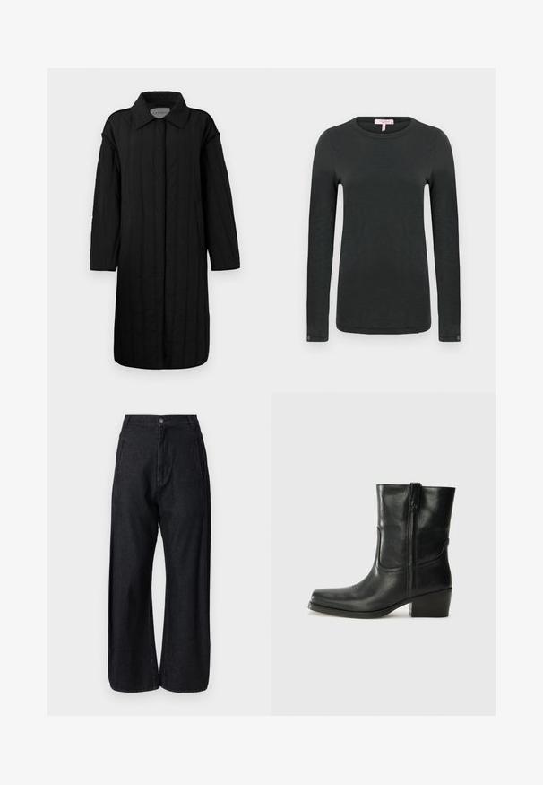 CLOSED QUILTED COAT - Vinterfrakke - black; rag & bone THE SLUB - Langærmet T-shirt - black; Henrik Vibskov SHADE PANTS - Wide leg - dark denim; Sort læder ankelstøvle med rundt tå, blokhæl, lynlås i siden og stikninger på vampsiden. Glat tekstur, klassisk design.