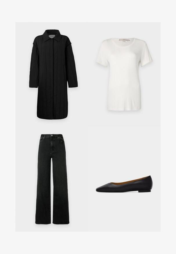 CLOSED QUILTED COAT - Wintermantel - black; Weißes T-Shirt mit kurzen Ärmeln aus weichem, elastischem Baumwollstoff. Es hat einen runden Halsausschnitt und eine glatte, einfarbige Textur ohne sichtbare Muster.; Schwarze Jeans mit weitem Bein aus Denim. Hohe Taille mit Knopfverschluss und Fünf-Taschen-Design. Glatte Textur mit minimalem Verblassen.; Schwarzer flacher Schuh aus Leder mit spitz zulaufender Vorderkappe, niedrigem Absatz und glatter Oberfläche, von der Seite vor einem hellgrauen Hintergrund dargestellt.