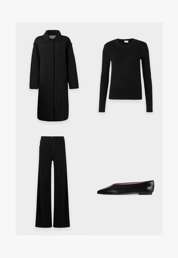 CLOSED QUILTED COAT - Wintermantel - black; Zwarte lange mouwen T-shirt gemaakt van zachte, gladde stof. Heeft een ronde halslijn en een aansluitende vorm, zonder zichtbare patronen of accenten.; Zwarte wijde broekspijpen van denim, met een hoge taille, voorzakken en een eenvoudige metalen knoopsluiting.; Zwarte leren damesschoen met platte zool, puntige neus en lage hak, zijwaarts afgebeeld tegen een effen lichtgrijze achtergrond.