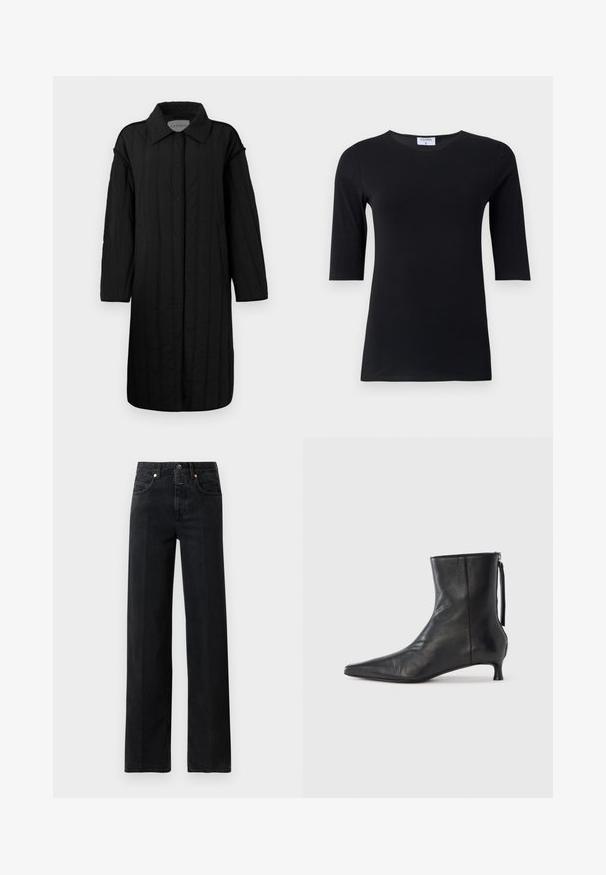 CLOSED QUILTED COAT - Abrigo de invierno - black; Top negro de manga larga hecho de una tela suave y elástica. Presenta un escote redondo y una silueta ajustada con mangas de longitud media.; Jeans de mezclilla negra con un corte recto. Cuenta con cinco bolsillos, un cierre de botón y detalles de costura mínimos. Diseño clásico.; Botín de cuero negro con punta afilada, forma estructurada y tacón bajo. Cuenta con cremallera lateral y diseño minimalista.