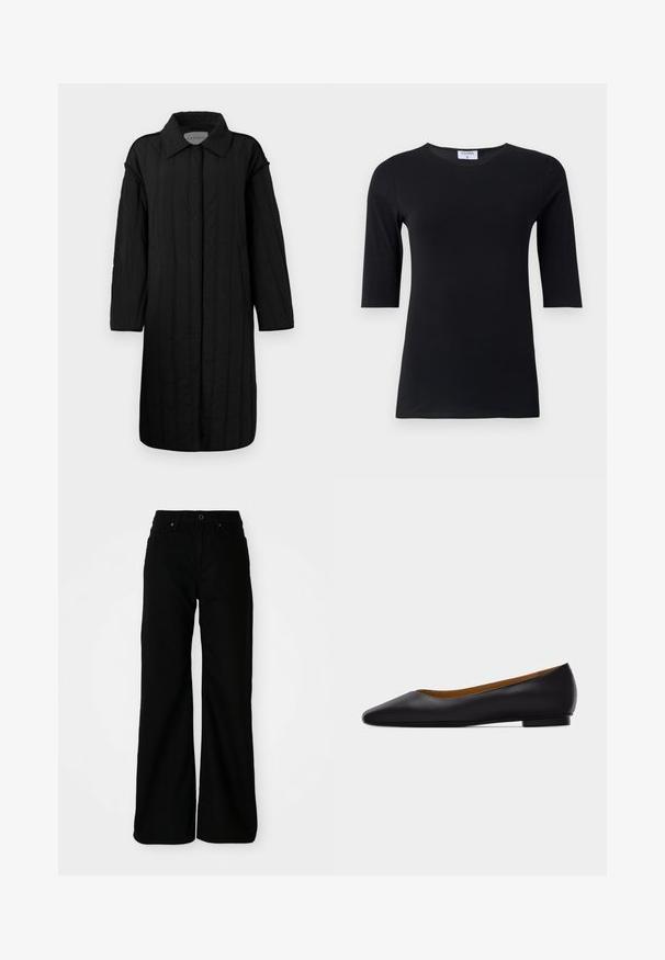 CLOSED QUILTED COAT - Wintermantel - black; Zwart langemouwtop gemaakt van zachte, rekbare stof. Heeft een ronde halslijn en een aansluitende pasvorm met halflange mouwen.; Zwarte wijde denim broek. Bevat een aansluitende taille, voorzakken en een knoopsluiting. Glad textuur met minimale details.; Zwarte leren puntschoen met lage hak en gladde afwerking, zijaanzicht op een lichtgrijze achtergrond.