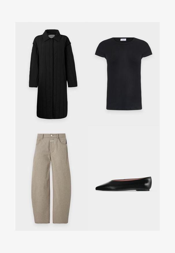 CLOSED QUILTED COAT - Vinterfrakke - black; Sort ribbet T-shirt med rund halsudskæring og korte ærmer. Blødt materiale med en tætsiddende pasform, som har et mærke i nakken.; CLOSED JAZZIE - Jeans Relaxed Fit - silt grey; Sort damesko i læder med flad hæl og spids tå, vist fra siden på en ensfarvet lys grå baggrund.