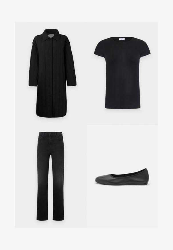 CLOSED QUILTED COAT - Wintermantel - black; Zwarte geribbelde T-shirt met een ronde hals en korte mouwen. Zacht stof met een aansluitende pasvorm, met een label bij de nek.; Zwarte rechtgesneden jeans van denim. Bevat een klassieke vijf-pocket stijl, met een rits en een knoopsluiting. Gladde textuur.; Zwarte leren ballerina met een ronde neus, gladde textuur, minimale stikdetails en een flexibele zoolontwerp.