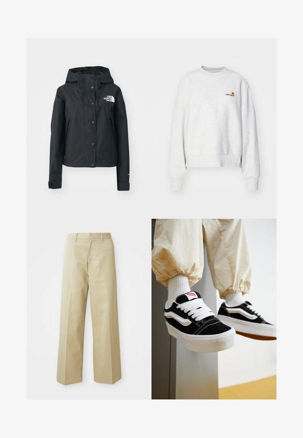 Veste imperméable noire avec capuche amovible, fermeture à boutons-pression et logo sur la poitrine. Comprend des poches latérales et une coupe cropped.; Sweatshirt gris à col rond en tissu doux avec des poignets et un ourlet côtelés ; présente un logo brodé sur la poitrine en jaune et bordeaux.; Pantalons beige à jambes larges en coton avec une texture lisse. Présentent une coupe droite, des passants de ceinture et des poches avant.; Personne portant des baskets Vans noires et blanches avec des lacets blancs, des chaussettes blanches et un pantalon beige avec des poignets élastiques.