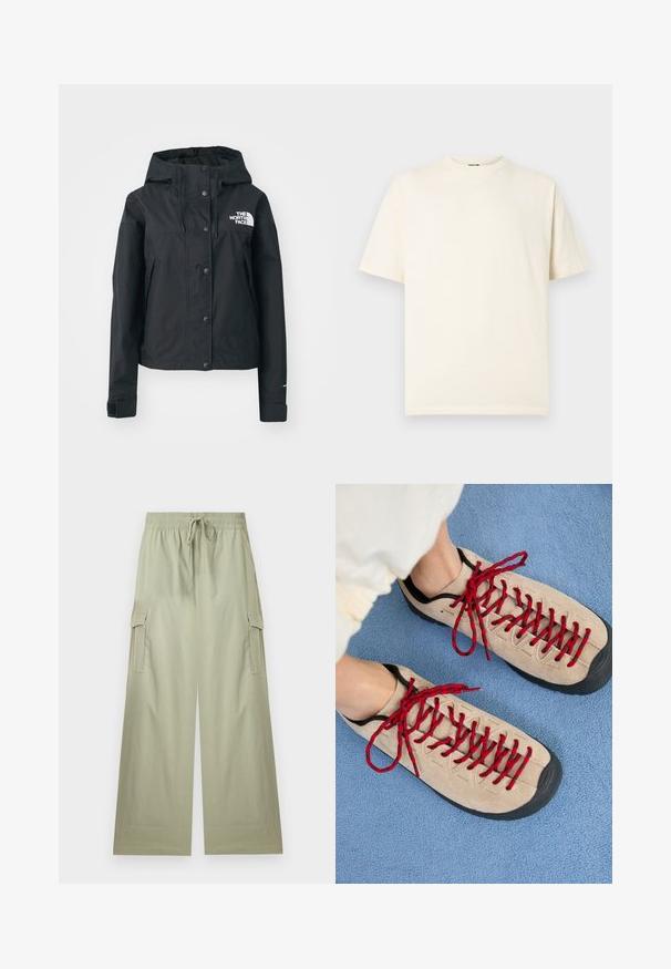 Zwarte waterdichte jas met een afneembare capuchon, drukknoopsluiting en logo op de borst. Bevat zijzakken en heeft een cropped ontwerp.; Crèmekleurig katoenen t-shirt met korte mouwen, ronde hals en klein logo aan de voorkant. Eenvoudig ontwerp, zachte textuur en ontspannen pasvorm.; Lichtgroene cargo-broek met wijde pijpen, elastische tailleband en trekkoord, met zijflappzakken en een ontspannen pasvorm.; Beige schoenen met rode veters, geplaatst op een blauwe, gestructureerde ondergrond, onthullen gedeeltelijk de enkel van een persoon. De schoenen hebben een sportief ontwerp.