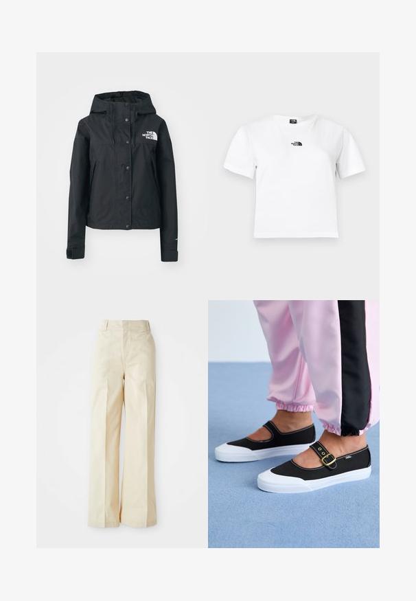 Zwarte waterdichte jas met een afneembare capuchon, drukknoopsluiting en logo op de borst. Bevat zijzakken en heeft een cropped ontwerp.; Wit katoenen t-shirt met korte mouwen, een ronde hals en een zwart The North Face-logo op de borst. Eenvoudig, onopgesmukt ontwerp.; Beige wijde broek met een hoge taille, gemaakt van een gladde stof en voorzien van keurig gestreken voorplooien, tegen een effen witte achtergrond.; Zwarte canvas schoenen met een witte zool, met een uitgesneden ontwerp en een gouden gespband. Draagt met roze joggingsbroek.