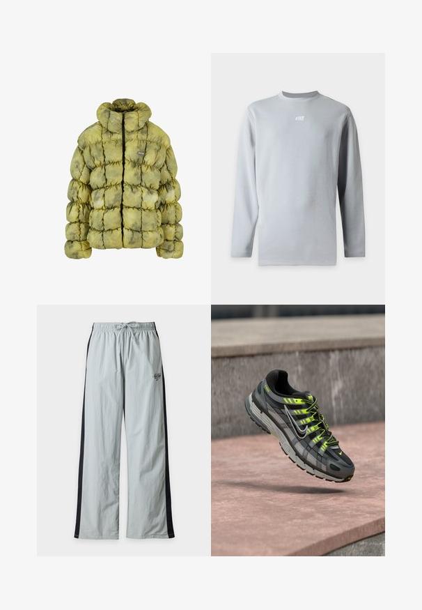 Veste matelassée en vert discret avec un design matelassé, col montant, fermeture éclair à l'avant et un petit écusson. Les matériaux semblent doux et texturés.; T-shirt gris clair à manches longues avec col rond et petit logo blanc "Nike" centré sur la poitrine sur un fond uni.; Pantalon ample gris clair avec bandes latérales noires, taille élastique, cordon de serrage, et petit logo noir sur la partie supérieure de la cuisse.; Baskets Nike P-6000 noires et grises avec des accents jaune néon et des lacets flottant au-dessus d'une surface en béton rose.