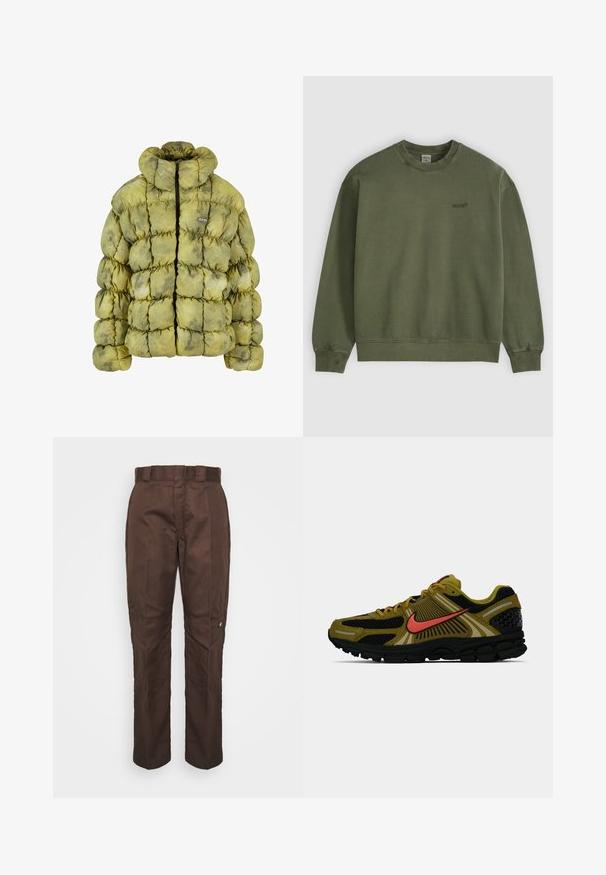 Pudret jakke i afdæmpet grøn med en quiltet design, høj krave, frontlynlås og et lille logo-patch. Materialerne ser bløde og teksturerede ud.; Oliven-grøn crewneck sweatshirt med lange ærmer, ribstrikkede manchetter og talje, med et lille præget Levi's-logo på venstre bryst.; Brune, lige bukser med en glat tekstur. Har beltestropper, sidesømme og et lille mærke-logo på venstre ben.; Olivengrønne og sorte Nike løbesko med orange swoosh og refleksaccenter, set fra siden på hvid baggrund.