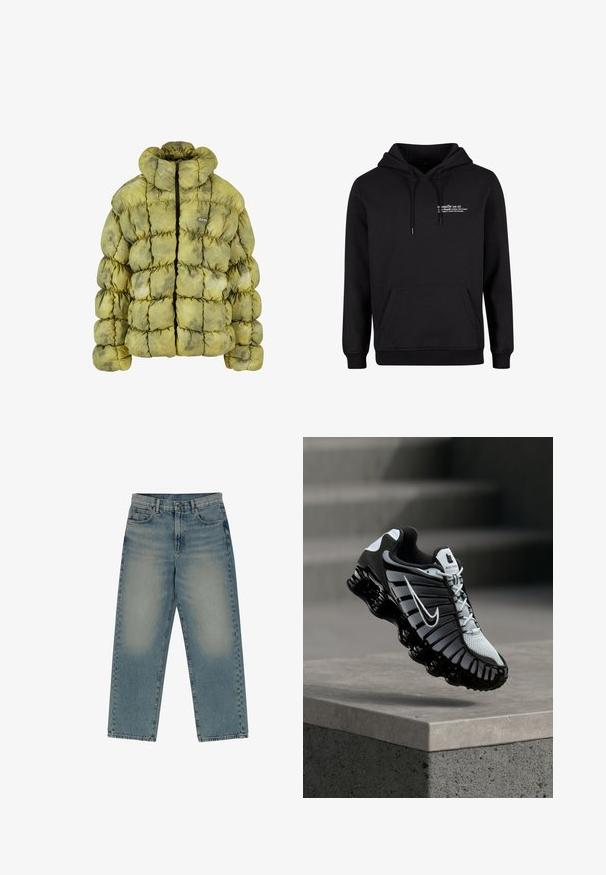 Pehmea rohelise tooni täidisega jakk, millel on tikandiga muster, kõrge krae, eesmine lukukinnitus ja väike logo märk. Materjalid näivad olevat pehmed ja tekstuurikad.; Mister Tee TRANQUILLE - Kapuutsiga pusa - black; Sinised pleegitatud sirgelõikega teksapüksid ees taskute ja münditaskuga, vööaasade ning nupuga kinnitusega vöökohal.; Mustvalge Nike jooksujalats, mis ripub betoonpinna kohal, taustal treppidega kivisein.