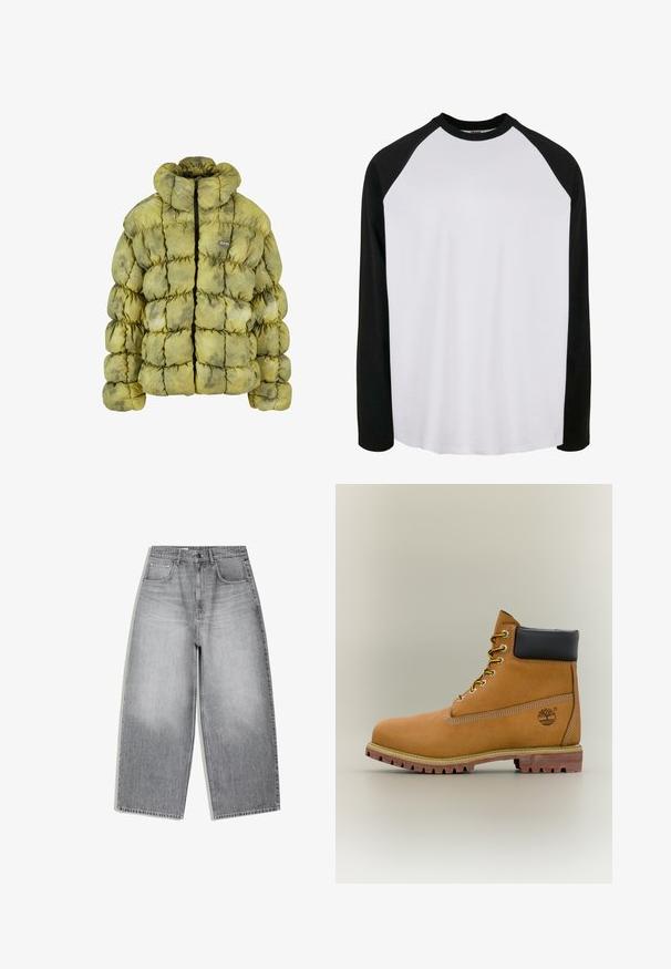 Veste matelassée en vert discret avec un design matelassé, col montant, fermeture éclair à l'avant et un petit écusson. Les matériaux semblent doux et texturés.; T-shirt raglan à manches longues avec un corps blanc et des manches noires, fabriqué en coton doux, avec un col rond et une coupe décontractée.; Jean taille haute à jambes larges en denim gris délavé avec poches avant et ceinture à bouton.; Bottine en cuir marron avec col noir, lacets jaunes et semelle beige. Présente un logo et des détails de couture blanche. Semelle extérieure à traction robuste.