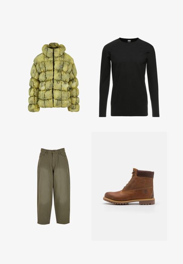 Veste matelassée en vert discret avec un design matelassé, col montant, fermeture éclair à l'avant et un petit écusson. Les matériaux semblent doux et texturés.; Urban Classics STRETCH TERRY - T-shirt à manches longues - black; Pantalons larges en vert olive fabriqués en coton, avec une fermeture à bouton et à glissière, cinq poches et une texture lisse et propre.; Botte de randonnée en cuir marron avec une finition lisse, cheville rembourrée, œillets en métal et semelle en caoutchouc dotée d'un motif de crampons robuste.
