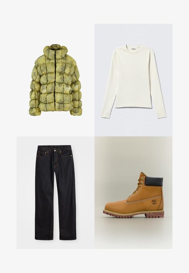 Veste matelassée en vert discret avec un design matelassé, col montant, fermeture éclair à l'avant et un petit écusson. Les matériaux semblent doux et texturés.; Chemise à manches longues en maille côtelée de couleur crème avec col rond, posée à plat sur un fond clair, avec une petite étiquette de la marque WEEKDAY.; Jean en denim noir pour hommes, coupe droite, avec cinq poches et surpiqûres orange, fermeture par bouton et zip à la taille avant.; Bottine en cuir marron avec col noir, lacets jaunes et semelle beige. Présente un logo et des détails de couture blanche. Semelle extérieure à traction robuste.