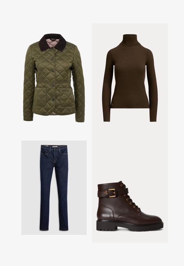 Veste matelassée vert olive avec un col en velours côtelé, des boutons-pression et deux poches avant. Marquage subtil sur la partie inférieure de la poche.; Pull col roulé côtelé marron foncé à manches longues avec silhouette ajustée et petit logo près de l'ourlet inférieur sur le devant à gauche.; Jean en denim bleu foncé, ajusté, avec cinq poches, surpiqûres jaunes et fermeture à glissière avec un bouton.; Bottine en cuir marron foncé avec laçage devant, sangle à boucle dorée et semelle épaisse à crampons noirs.