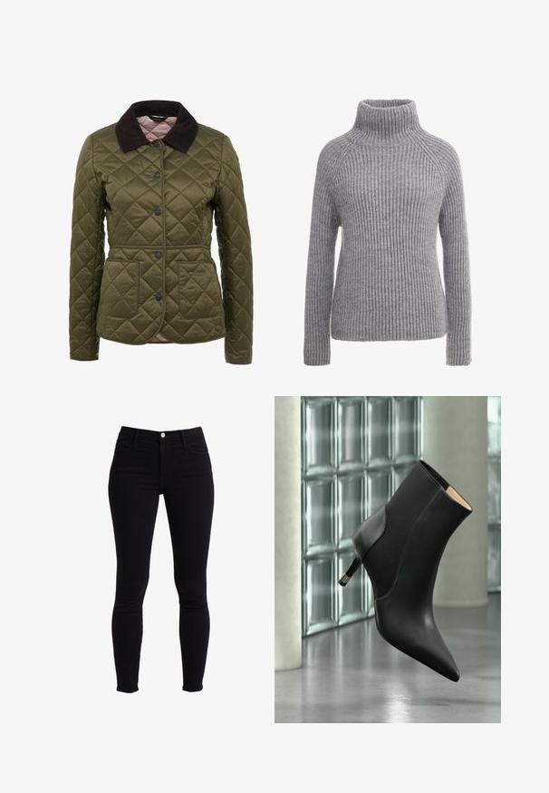 Veste matelassée vert olive avec un col en velours côtelé, des boutons-pression et deux poches avant. Marquage subtil sur la partie inférieure de la poche.; Pull en maille grise avec un col roulé haut, texture côtelée et manches longues. Présente des coutures raglan et une silhouette ajustée.; Jean skinny noir taille haute en denim, avec une fermeture à bouton sur le devant, cinq poches et des coutures minimales.; Bottine noire à bout pointu avec talon kitten et panneau latéral, flottant au-dessus d’un sol réfléchissant devant des fenêtres en blocs de verre.
