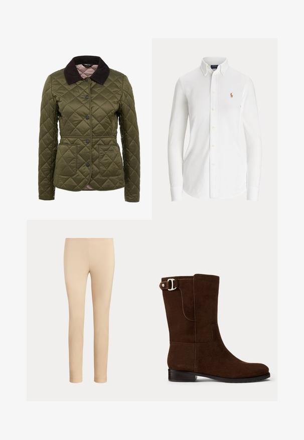 Veste matelassée vert olive avec un col en velours côtelé, des boutons-pression et deux poches avant. Marquage subtil sur la partie inférieure de la poche.; Chemise blanche à manches longues avec boutons, col boutonné et petit logo brodé joueur de polo sur la poitrine.; Pantalon beige slim fit longueur cheville avec une finition lisse, sans poches visibles ni ornements, sur un fond uni.; Bottine en daim marron avec un bout rond, un petit talon carré et un accent de boucle en métal argenté sur le côté. Texture lisse, design simple.