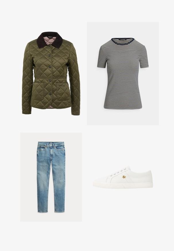 Veste matelassée vert olive avec un col en velours côtelé, des boutons-pression et deux poches avant. Marquage subtil sur la partie inférieure de la poche.; T-shirt à manches courtes à rayures horizontales bleu marine et blanches, col rond, silhouette ajustée, étiquette "Lauren Ralph Lauren" à l'intérieur du col.; Jean slim fit bleu clair avec cinq poches et fermeture par bouton, posé à plat sur fond blanc.; Lauren Ralph Lauren JANSON II CANVAS SNEAKER - Baskets basses - optic white