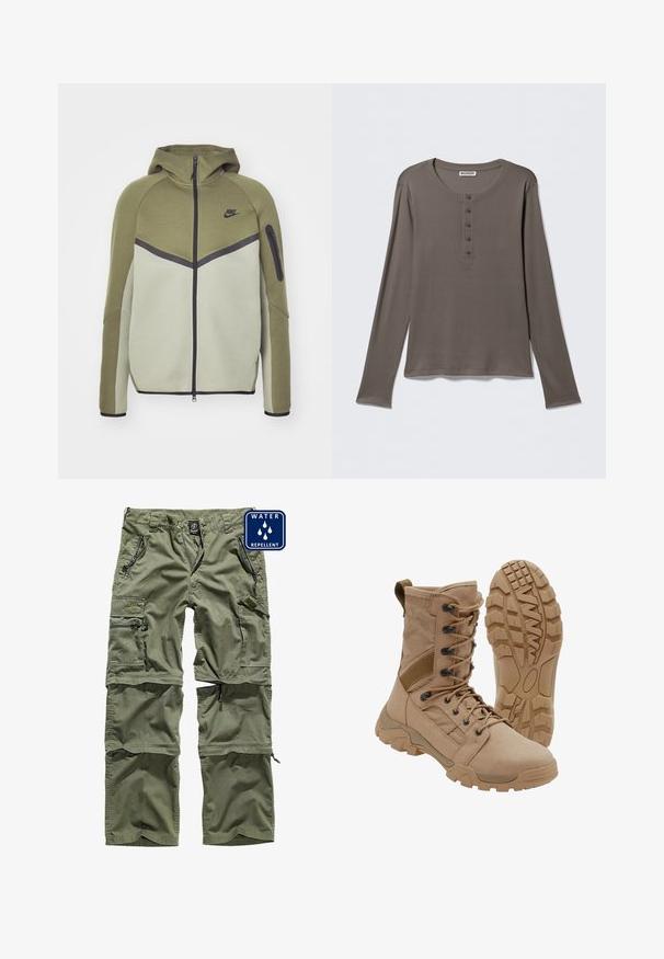 Olivengrøn jakke med lynlås foran, hætte og kontrastpanel i lysegrå. Har et logo og en lynlåslomme på ærmet. Blød tekstur.; Grå henley-shirt med lange ærmer, fem knapper og rund halsudskæring, vist på en ensartet hvid baggrund.; Grønne vandafvisende cargo-bukser med flere lynlåslommer, justerbare manchetter og et slidstærkt stof. Har et logo-patch på fronten.; Brun taktisk støvle med snørelukning i ankellængde og robust gummisål, en støvle står oprejst og den anden viser slidbanemønster.