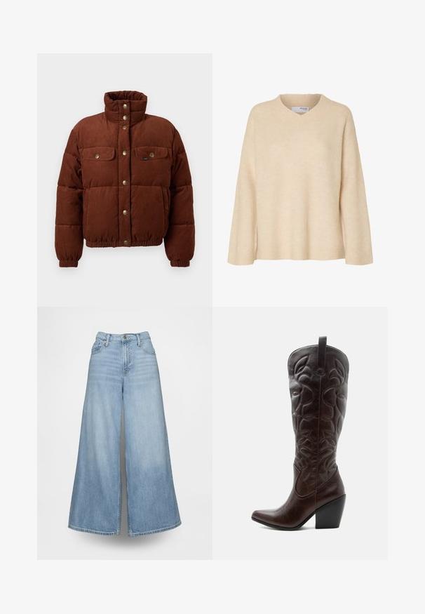 Chaqueta de algodón de corduroy marrón, tipo puffer, con cuello alto, botones a presión, dos bolsillos en el pecho y puños elásticos para un ajuste ceñido.; Jersey beige de manga larga con cuello en V y cuello acanalado, hecho de tela de punto suave, diseñado para mujeres.; Vaqueros de pierna ancha azul claro hechos de denim, con cintura alta, bolsillos delanteros y cierre de botones. La tela tiene un lavado desgastado.; Bota vaquera alta de cuero marrón oscuro con patrones decorativos cosidos, punta puntiaguda y tacón de bloque apilado.