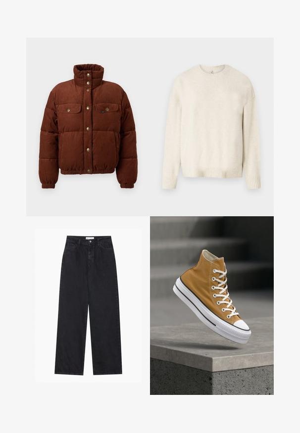Chaqueta de algodón de corduroy marrón, tipo puffer, con cuello alto, botones a presión, dos bolsillos en el pecho y puños elásticos para un ajuste ceñido.; Suéter beige claro hecho de una tela suave, con un escote redondo, mangas largas y puños y dobladillo acanalados. Diseño simple y clásico.; Jeans de mezclilla negros de talle alto y pierna ancha con cierre frontal de botón y cremallera, pasadores para el cinturón y estilo de cinco bolsillos.; Zapatilla de caña alta en lona color mostaza con cordones blancos, puntera de goma y suela blanca texturizada con rayas negras.