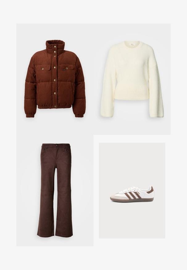 Chaqueta de algodón de corduroy marrón, tipo puffer, con cuello alto, botones a presión, dos bolsillos en el pecho y puños elásticos para un ajuste ceñido.; Suéter de punto color crema, de manga larga, con cintura acanalada y cuello redondo, mostrado sobre un fondo blanco.; Pantalones de campana marrones en un tejido suave y parecido al ante. Presentan cuatro bolsillos, un cierre de botón y una superficie lisa y texturizada.; Zapatilla blanca Adidas Samba con franjas de ante marrón, puntera de ante marrón y suela de goma sobre un fondo gris claro.