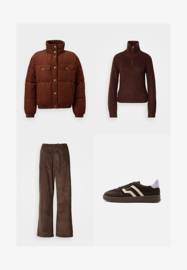 Braune Cord-Pufferjacke mit hohem Kragen, Druckknöpfen, zwei Brusttaschen und elastischen Bündchen für eine enge Passform.; Brauner Strickpullover mit hohem Kragen und halbem Reißverschluss. Strukturiertes Muster mit roten und weißen Sprenkeln. Figurbetonte Silhouette.; Braune Corduroy-Hosen mit weitem Bein, die vertikale Rippungen und einen Bund aufweisen. Der Stoff hat ein weiches, strukturiertes Aussehen.; Dunkelbrauner Cord-Sneaker mit beigen Seitenstreifen, Schnürdesign, lila Fersenlasche und Gummisohle vor weißem Hintergrund.