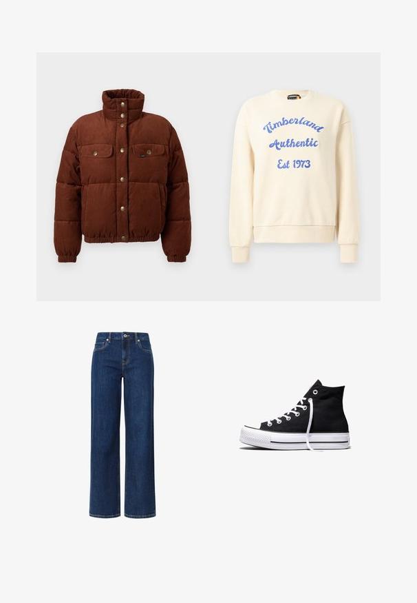 Chaqueta de algodón de corduroy marrón, tipo puffer, con cuello alto, botones a presión, dos bolsillos en el pecho y puños elásticos para un ajuste ceñido.; Sudadera crema con el texto azul "Timberland Authentic Est 1973". Presenta cuello redondo y puños acanalados. Textura de tela suave, diseño casual.; Jeans de pierna ancha en denim azul oscuro con una textura suave, que presentan un cierre de botón y cremallera, cinco bolsillos y costuras en contraste.; Zapatilla alta de lona negra con suela de goma blanca y cordones blancos, vista de lado sobre un fondo blanco.