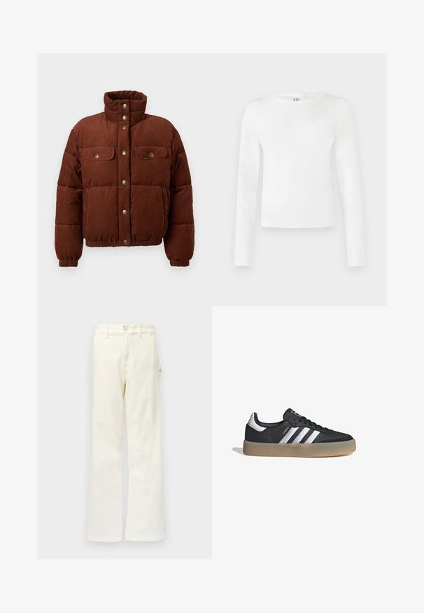 Chaqueta de algodón de corduroy marrón, tipo puffer, con cuello alto, botones a presión, dos bolsillos en el pecho y puños elásticos para un ajuste ceñido.; Camisa de manga larga y cuello redondo en tejido blanco sólido. Presenta una silueta ajustada con una textura suave y un sutil logo de la marca en el cuello.; Good American GOOD 90S CARPENTER - Pernera ancha - white denim; Zapatilla deportiva de cuero negro con tres rayas plateadas, punta texturizada y suela de goma. Cuenta con un collar acolchado y un diseño con cordones.