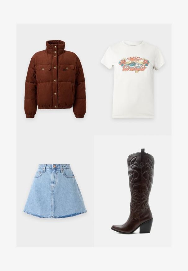 Chaqueta de algodón de corduroy marrón, tipo puffer, con cuello alto, botones a presión, dos bolsillos en el pecho y puños elásticos para un ajuste ceñido.; Camiseta blanca de algodón con un gráfico colorido que presenta un sol naciente, olas y flores, mostrando de manera destacada el logo "Wrangler" en rosa.; Falda de mezclilla en corte A de color azul claro con dobladillo deshilachado, cinco bolsillos y cierre de botón. Presenta herrajes en tono cobre y detalles de costura sutiles.; Bota vaquera alta de cuero marrón oscuro con patrones decorativos cosidos, punta puntiaguda y tacón de bloque apilado.