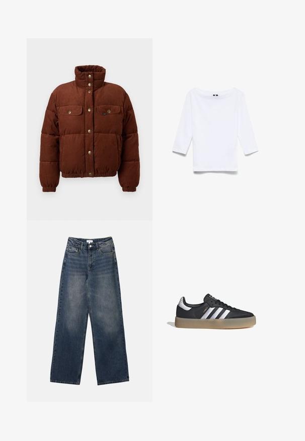 Chaqueta de algodón de corduroy marrón, tipo puffer, con cuello alto, botones a presión, dos bolsillos en el pecho y puños elásticos para un ajuste ceñido.; Camisa blanca de manga tres cuartos hecha de una mezcla de algodón; presenta un amplio escote barco y una textura suave y ligera.; Vaqueros de hombre de tiro alto en denim azul, con pernera ancha, botón y cremallera frontales, y bolsillos delanteros y traseros.; Zapatilla deportiva de cuero negro con tres rayas plateadas, punta texturizada y suela de goma. Cuenta con un collar acolchado y un diseño con cordones.