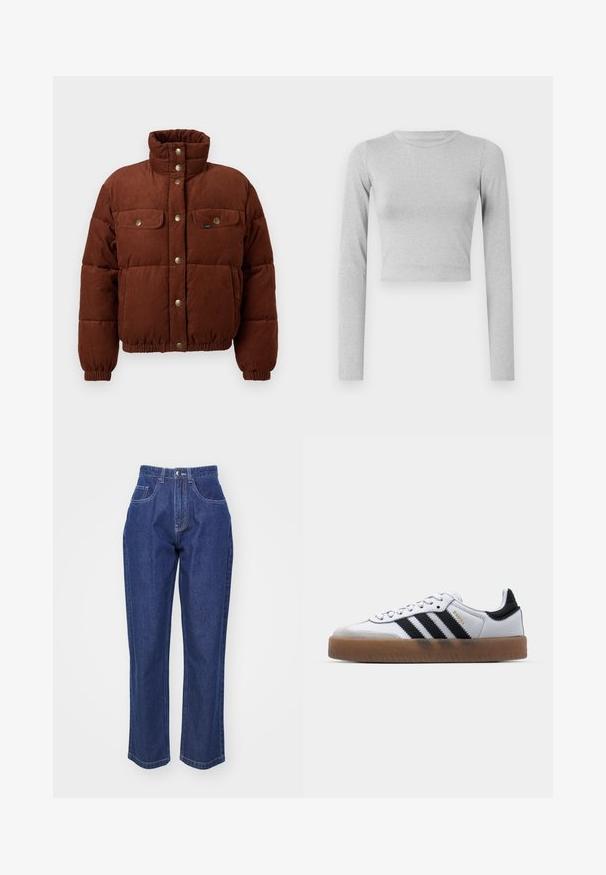 Bruine corduroy pufferjack met een hoge kraag, drukknoopsluiting, twee borstzakken en elastische boorden voor een snug fit.; Lichtgrijze cropped langemouwen top gemaakt van een rekbare stof, met een eenvoudige ronde halslijn en een gladde textuur.; Donkerblauwe denim jeans met een hoge taille, rechte pijpen, vijf zakken en contrasterende stiksels. Klassiek design met een soepele textuur.; Witte leren sneakers met zwarte strepen, gumrubberen buitenzool, ronde neus, vetersluiting en een zachte grijze suède neuskap.