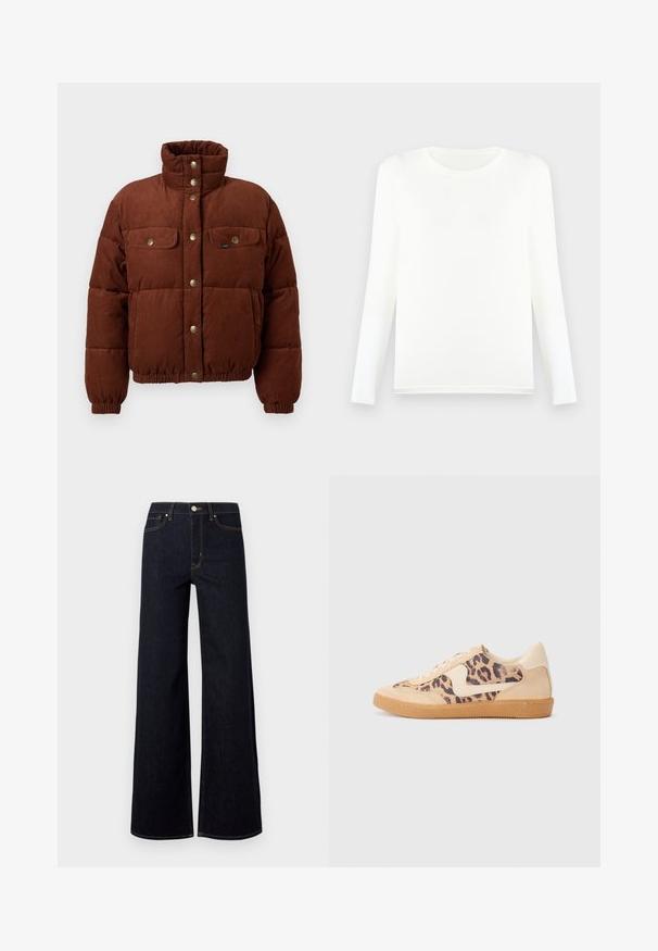Chaqueta de algodón de corduroy marrón, tipo puffer, con cuello alto, botones a presión, dos bolsillos en el pecho y puños elásticos para un ajuste ceñido.; Camiseta blanca de manga larga hecha de tela suave, con cuello redondo y corte recto en el dobladillo, sin patrones ni accesorios visibles.; Pitillos de mezclilla anchos de color azul oscuro, con una cintura alta, costuras en contraste y un solo botón de metal en la parte frontal.; Zapatillas de leopardo con parte superior de ante beige, suela de goma marrón y acentos blancos. Punta redonda y diseño con cordones con un acabado texturado.