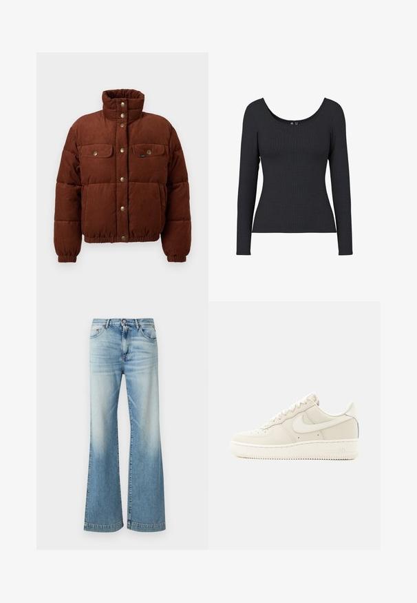 Chaqueta de algodón de corduroy marrón, tipo puffer, con cuello alto, botones a presión, dos bolsillos en el pecho y puños elásticos para un ajuste ceñido.; Top negro de manga larga con cuello redondo. El material es suave y elástico, con textura de rayas verticales en toda la prenda.; Vaqueros acampanados de color azul claro hechos de mezclilla, con un acabado ligeramente descolorido, diseño de cinco bolsillos y cierre tradicional con botón.; Zapatilla Nike Air Force 1 de caña baja en beige, con cierre de cordones y suela de goma, mostrada desde el lado exterior sobre un fondo blanco.