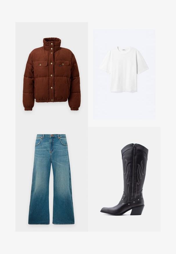 Chaqueta de algodón de corduroy marrón, tipo puffer, con cuello alto, botones a presión, dos bolsillos en el pecho y puños elásticos para un ajuste ceñido.; Camiseta blanca de manga corta con cuello redondo y dobladillo recto, con etiqueta de la marca "WEEKDAY" dentro del escote.; Jeans de mezclilla azul de tiro alto con perneras anchas, bolsillos frontales, cierre de botón y un degradado de color desgastado que va desde la cintura hasta el dobladillo.; Botas vaqueras de cuero negro con puntera puntiaguda, costuras visibles, detalles de tachuelas plateadas y cierre de cremallera en el lado interior.