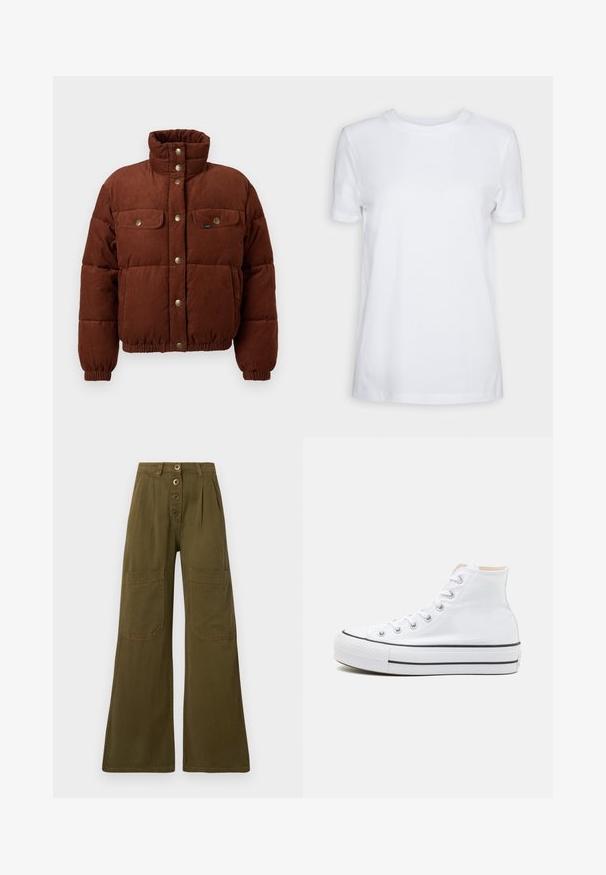 Chaqueta de algodón de corduroy marrón, tipo puffer, con cuello alto, botones a presión, dos bolsillos en el pecho y puños elásticos para un ajuste ceñido.; Camiseta blanca lisa de manga corta con cuello redondo, ajuste regular y una pequeña etiqueta interior en el cuello que dice "SELECTED FEMME."; Pantalones de pierna ancha en verde oliva con cintura alta, cierre frontal de cuatro botones y grandes bolsillos rectangulares en los muslos.; Zapatillas altas blancas de material de lienzo, con suela de goma negra y una franja negra en el mediopie. Punta circular y diseño de cordones.