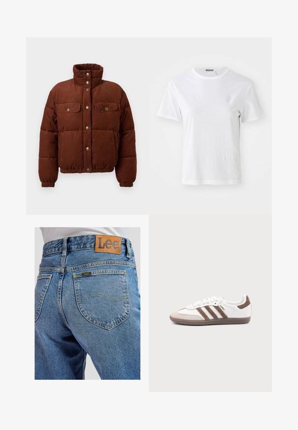 Chaqueta de algodón de corduroy marrón, tipo puffer, con cuello alto, botones a presión, dos bolsillos en el pecho y puños elásticos para un ajuste ceñido.; Camiseta blanca de manga corta hecha de una tela suave. Cuenta con un escote redondo y un corte recto, con una etiqueta en el cuello interior.; Jeans de mezclilla azul con bolsillos traseros que presentan costuras amarillas y un parche de cuero marrón de la marca Lee en la cinturilla.; Zapatilla blanca Adidas Samba con franjas de ante marrón, suela de goma marrón y puntera de ante beige, vista desde el lado exterior sobre un fondo liso.