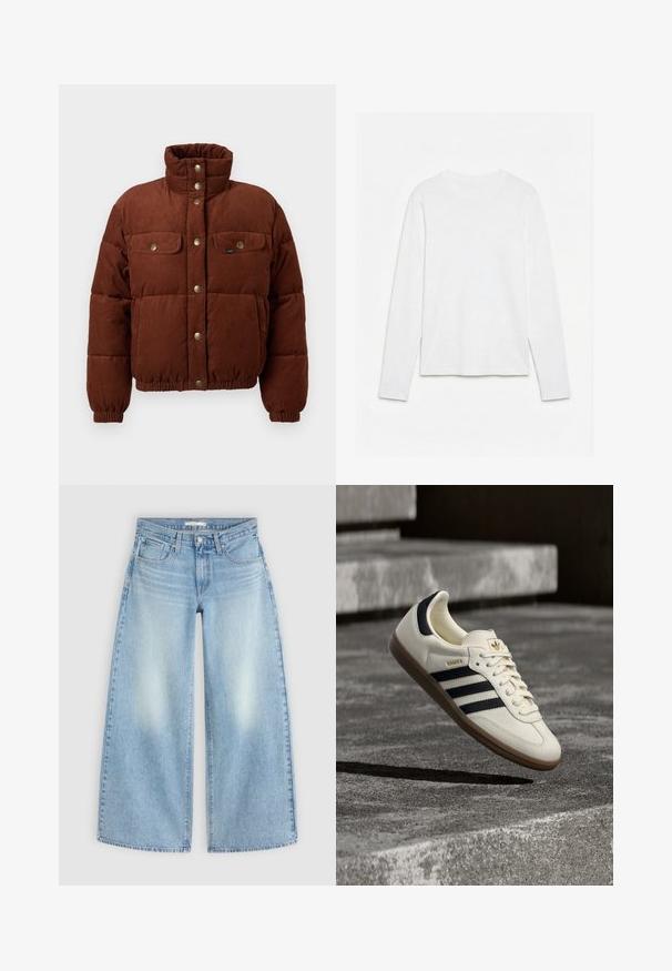 Bruine corduroy pufferjack met een hoge kraag, drukknoopsluiting, twee borstzakken en elastische boorden voor een snug fit.; Effen wit, langarmig shirt met ronde hals, plat neerligt op een witte ondergrond, waarbij de voorkant en de volledige mouwlengte zichtbaar zijn.; Lichtblauwe high-waisted wijde jeans met voorzakken, lussen voor een riem en vervaagde plekken op de dijen, plat gelegd op een lichte achtergrond.; Witte Adidas Samba sneaker met zwarte strepen en gumzool, zwevend boven gestructureerde grijze betonnen treden.
