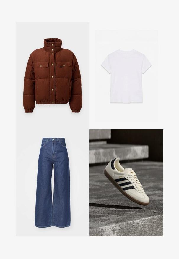 Braune Cord-Pufferjacke mit hohem Kragen, Druckknöpfen, zwei Brusttaschen und elastischen Bündchen für eine enge Passform.; Schlichtes weißes kurzärmliges Baumwoll-T-Shirt mit Rundhalsausschnitt, flach auf einem weißen Hintergrund liegend.; Hellebeinsjeans aus dunkelblauem Denim. Hohe Taille mit Reißverschluss und Knopfverschluss. Klassische Fünf-Taschen-Optik und gesäumte Kanten.; Weißer Adidas Samba Sneaker mit schwarzen Streifen und Gummisohle, schwebend über strukturierten grauen Betontreppen.