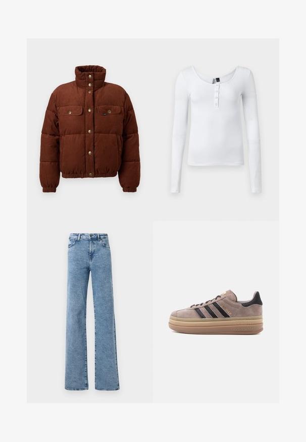 Brun kordfløjl pufferjakke med høj krave, trykknapper, to brystlommer og elastiske manchetter for en tæt pasform.; Hvid langærmet ribbet top med scoop-neck og fire knapper foran. Stoffet har en glat tekstur og en tætsiddende pasform.; Noisy May Straight fit NMYOLANDA - Wide leg - medium blue denim; Grå ruskindssneakers med tre sorte striber, guldbranding og en tan, chunky sål. Har teksturerede accenter på hælen.