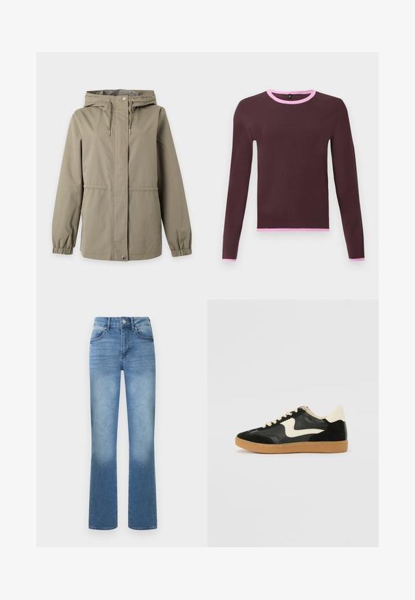 Veste beige à capuche avec fermeture zippée devant et fermeture par boutons-pression, cordons ajustables sur la capuche et poignets élastiques aux manches longues.; Pull à manches longues marron foncé avec bordure rose clair au niveau de l'encolure ronde, des poignets et de l'ourlet, sur un fond clair uni.; Jean en denim bleu clair taille haute avec bouton frontal et fermeture éclair, poches avant et arrière, coupe droite.; Baskets en daim et cuir noir avec un swoosh latéral crème et un talon crème clair. Dotées de lacets beige et d'une semelle en caoutchouc gomme.