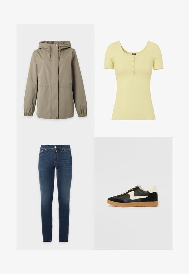 Veste beige à capuche avec fermeture zippée devant et fermeture par boutons-pression, cordons ajustables sur la capuche et poignets élastiques aux manches longues.; Haut jaune clair côtelé à manches courtes avec encolure dégagée et quatre petits boutons-pression argentés au centre devant.; Jean slim en denim bleu foncé avec cinq poches et une fermeture par bouton à la taille, sur fond uni clair.; Baskets en daim et cuir noir avec un swoosh latéral crème et un talon crème clair. Dotées de lacets beige et d'une semelle en caoutchouc gomme.
